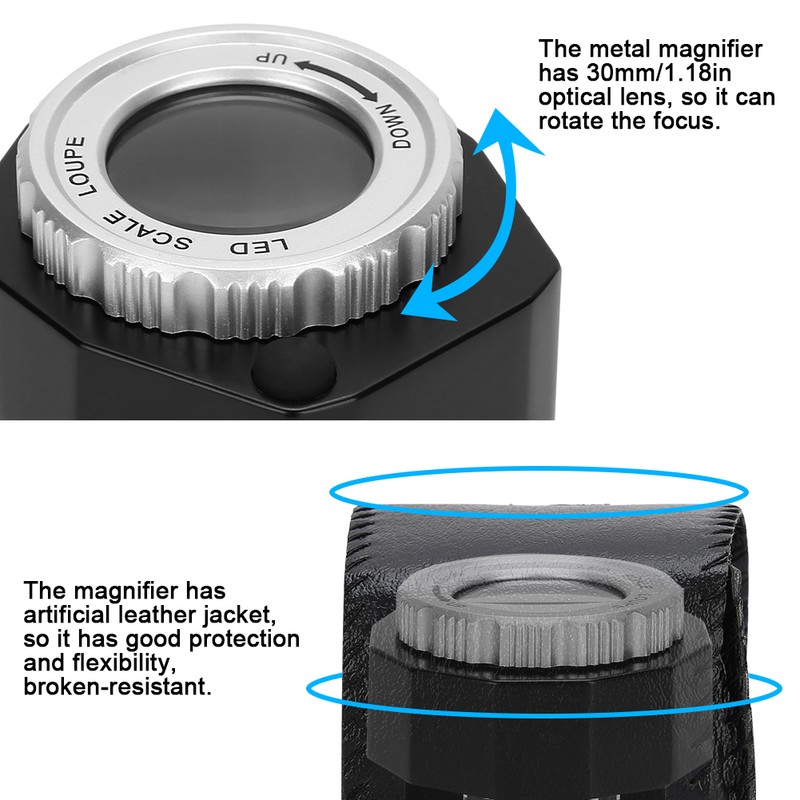 30X Magnifier Optical Glass Lens Magnifier Scale Full Metal LED