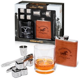 Dragon Glassware x Yellowstone Barware Gift Set of 4 - Includes a Yellowstone Shot Glass, Leather Flask, Chilling Stones & Drinking Glass