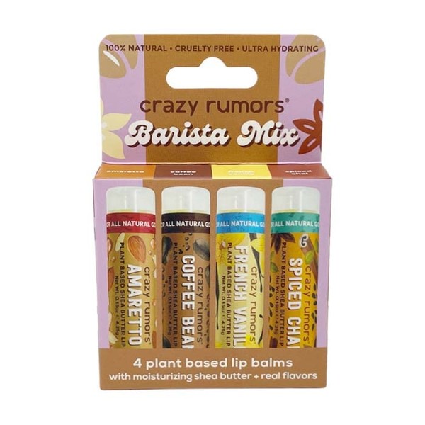 Crazy Rumors Barista Mix Lip Balm 4-Pack Mix (Amaretto, French Vanilla, Coffee Bean & Spiced Chai) 100% Natural, Vegan, Plant-Based, Made in USA