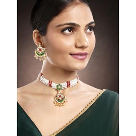 Aheli Gold Plated Rani Pink Green Kundan & Beads Studded Necklace Dangle Earrings Ethnic Jewellery Set Gift for Women