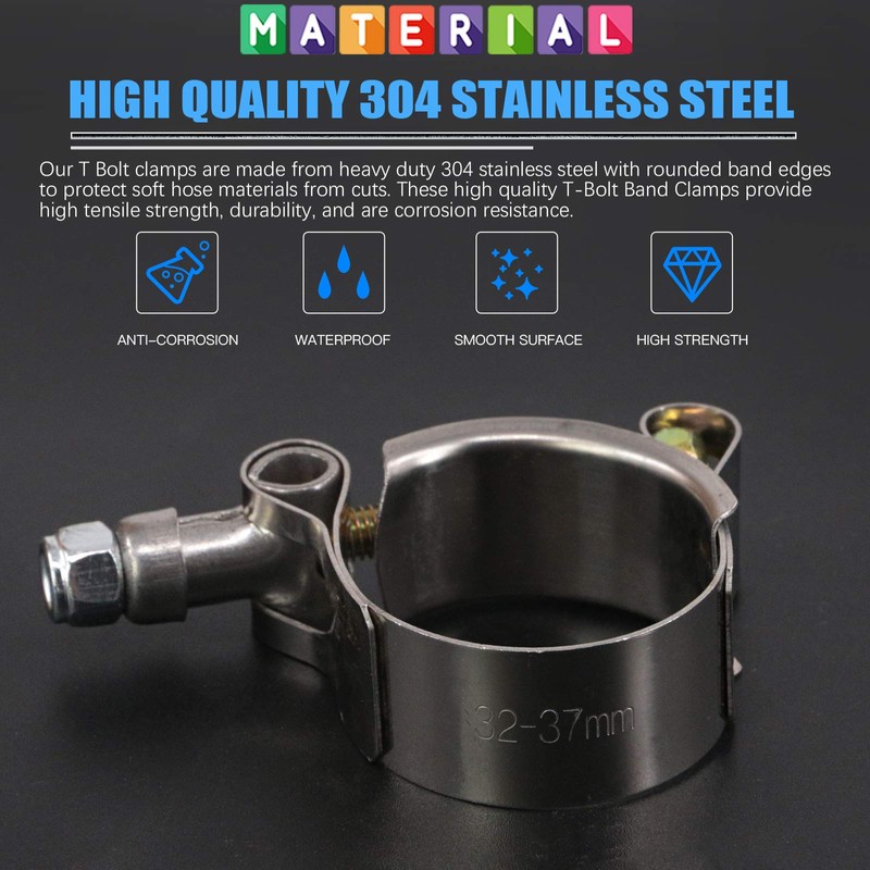 Glarks 8Pcs 32-37mm Stainless Steel T-Bolt Hose Clamps Turbo Intake