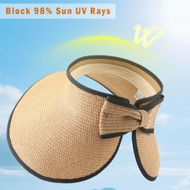 Sun Visors for Women Wide Brim Beach Hat Foldable Straw Visor Hat Ponytail Summer Packable Khaki