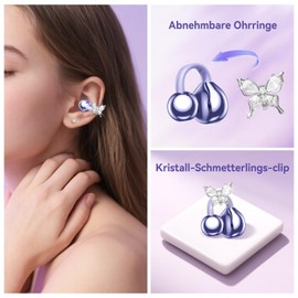 Purple Open Ear Jewellery Headphones Butterfly Earrings Wireless Bluetooth Ear Clip Air Bone Conduction Wireless Headphones Ear Clip with Rhinestone Earrings Decoration Air Line Bone Sound Headphones