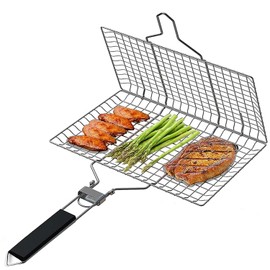 YQkangzhu Fish Grill Basket, Shallow Grill Basket, Folding Portable Outdoor Non-Stick Grilling Basket, Stainless Steel BBQ Grilling Basket, Gardening Grill Netting for Vegetables, Shrimp, Meat, Steak