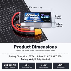Zeee 2S 2200mAh Shorty Lipo Battery 7.4V 50C RC Battery with XT60 Connector Soft Pack for 1/16 Slash RC Car RC Truck RC Helicopter Airplane Quadcopter Drone RC Boat Racing Models remote control