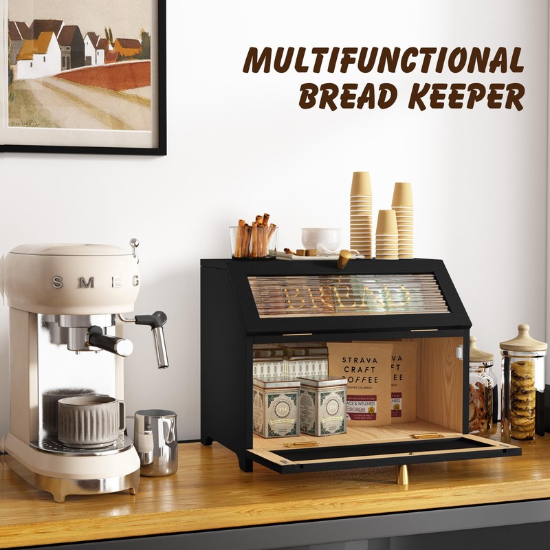 HOLTICO Double Layer Bread Box With Golden Trim for Countertop,