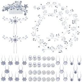 Paquete de 48 joyas para el pelo de boda, 24 horquillas en espiral, 20 horquillas de diamantes de imitación, 2 alfileres de cristal en U de 39.4 pulgadas, pelo nupcial, flor de enredadera lateral, peine para peinado, accesorios para el pelo de novia