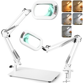 Veemagni 10X Rectangle Magnifying Glass with Light and Stand, 5 Color Modes Stepless Dimmable, 2-in-1 LED Lighted Desk Lamp & Clamp, Hands Free Magnifier for Reading Crafts Painting Close Work - White