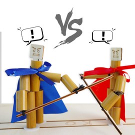 Bamboo Puppet Fighting Game, 4 Wooden Weapons, Table Top Party Game，Funny Bamboo Puppet Kit with Wooden Fighting Table Fighting Party Game