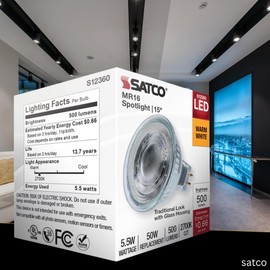 Satco LED MR16 Spotlight 5.5W 50W Equivalent 2700K Warm White 90+ CRI 15° Beam GU5.3 Bi-Pin Base 12V Dimmable Clear Finish – Part S12360
