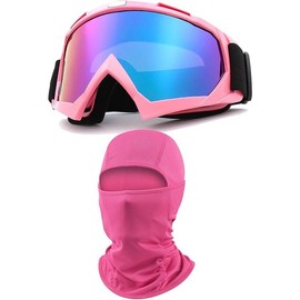 Goggles with Balaclava for Women Girls, Dirt Bike ATV Motocross Riding Racing Ski Goggle Safety Glasses - Color: Pink, Lens Color: Colorful Yellow
