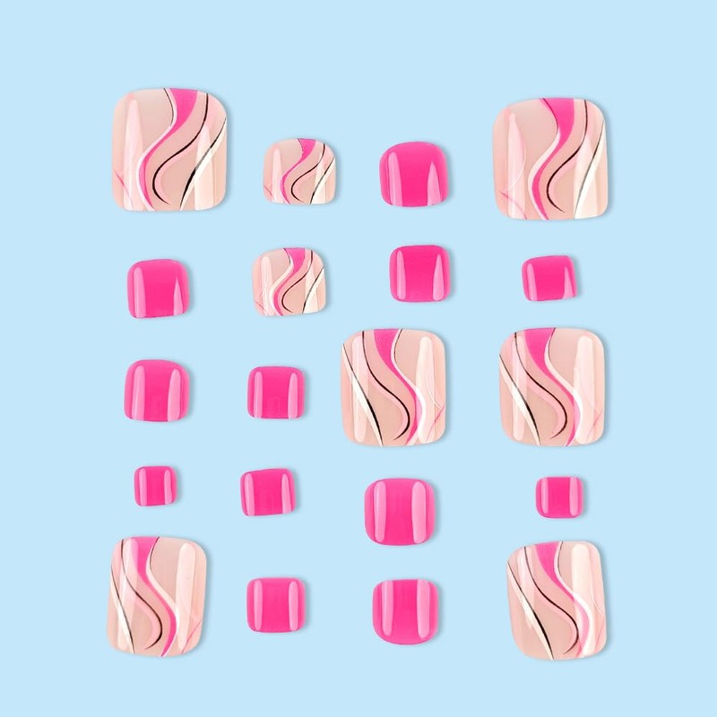 Hot Pink Press on Toenails Glossy Fake Toenails Rose Gel