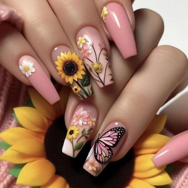 MISUD Press on Nails Long Coffin Fake Nails Glossy Glue