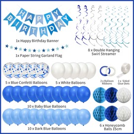Hierein Blue Birthday Decoration, Happy Birthday Balloons Party Decorations Supplies with Birthday Banners, Honeycomb Balls, Star Garland, Hanging Swirls for Boys Men Birthday Party Decor