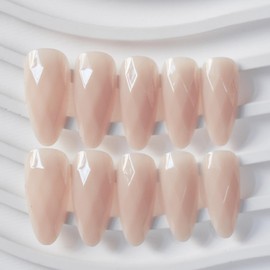 Press on Nails Medium Almond Fake Nails with Rhombus Shape Nude Pink Designs Full Cover Stick on Nails for Women Manicure Decor 24 Pcs (P-1, M-1)