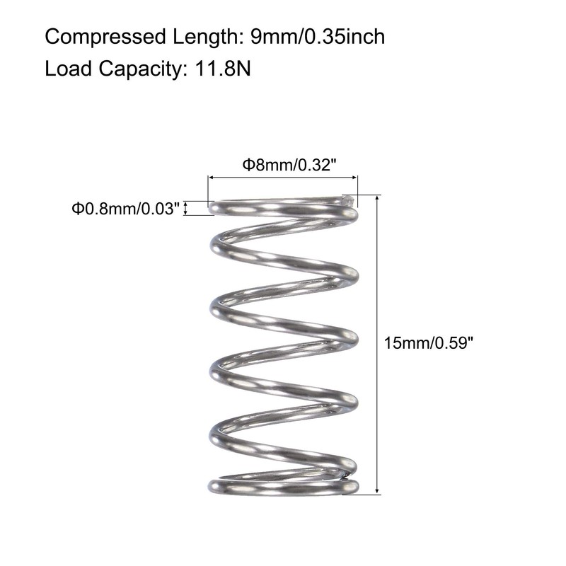 sourcing map Compression Spring,304 Stainless Steel,8mm OD,0.8mm Wire Size,9mm Compressed