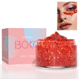 Boko 50ML Body Glitter Gel, Red Chunky Glitter Gel for Face Hair Body Makeup, Cosmetic Face Glitter Sequins for Festival Concert Party Christmas Cheer Makeup Rave Accessories - Flame Heart