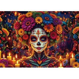Day of The Dead Backdrop Mexican Fiesta Colorful Sugar Skull Woman Flowers Candles Photography Background Dia De Los Muertos Altar Ofrenda Party Decorations Supplies Fiesta Banner 7x5FT
