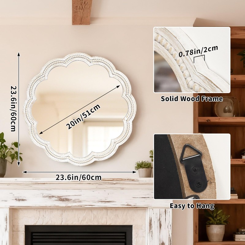UPPER DECOR 24 Inch Round Wall Mirror, Whitewashed Wooden Frame