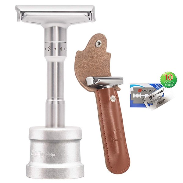 Travel Double Edge Safety Razor, River Lake RZ700 Long Handle Adjustable Classic Safety Shaver Razor (Razor with Protective Case and Stand)