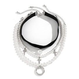 Missgrace Women Bride Boho Vintage Fashion Pearl Rhinestones Crystals Choker Necklace Pearl Dangle Black Cross Choker Necklace Jewelry Prom Party Chunky Necklace for Women