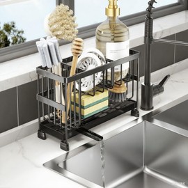 MAIYELI Sponge Holder for Kitchen Sink, 2 Tier Sink Caddy Organizer with Brush Holder, Non-Slip Stainless Steel Kitchen Countertop Organizers and Storage, Soap Dispenser Organize with 360°Drain Tray