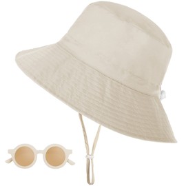 Baby Sun Hat and Sunglasses, UV Protection UPF 50+ and Wide Brim Fishing Hat Children, Sun Protection Summer Bucket Hat with Adjustable Chin Strap, Beach Hat for Girls, Boys, beige