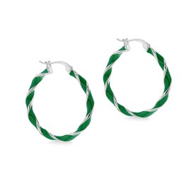 Tuscany Silver Sterling Silver Rhodium Plated or Gold Plated 31mm Enamel Large Twist Hoop Earrings, Silver