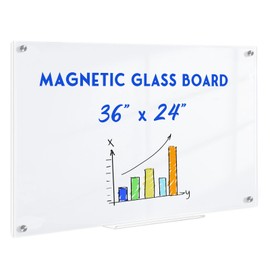 QUEENLINK Magnetic Glass Whiteboard, 36" x 24" Glass Dry Erase Board for Wall, Large Frameless Glass Board with 1 Marker Tray and 3 Magnets for Office, Home, Classroom - Ultra White
