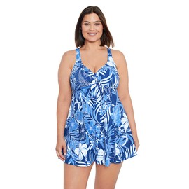 Penbrooke Shape Solver Women's Plus In My Blues Bow Front Soft Cup One Piece Swimdress, Denim, 16W