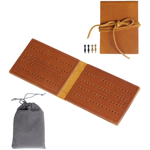 Jeereal Travel Cribbage Boards Leather Pocket Sized Tiny Card Game Board Leather Scoring Boards with Copper Cribbage Pegs (Leather|Brown)