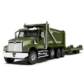 DCD Western Star 49X Truck 1/64 Diecast Model Green Metallic with Ox Bodies Dump & Beaver Tail Trailer DCP/First Gear