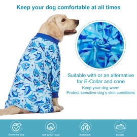 LovinPet Pj for Dogs Large, Pjs for Large Dogs, Lightweight onesie, Sea Shark Action Print, Dog Clothing, UV Protection, Easy Wearing Adorable Dog Jumpsuit/XL
