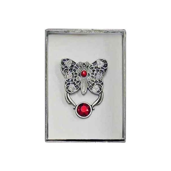 "Jeweled Filigree Butterfly" Eyeglass Holder Magnet Pin - Made in USA (Red)