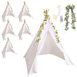 Kigley Teepee Tent for Kids Indoor Kids Teepee White Cotton Linen Play Tent with 6.6 Ft Pink Fake Rose Vine Artificial Garland 10 Ft Battery Operated String Lights for Girl and Boy Room Decor (6 Sets)