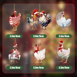 Zoacrn 6 Pcs Christmas Chicken Ornaments 2024, Christmas Rooster Hens with Scarf Chicken Decorations, 2D Acrylic Christmas Tree Hanging Ornament Indoor Outdoor Christmas Decor Thanksgiving Day Gifts