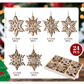 HOUISM 24pcs Christmas Snowflakes Ornaments Wooden Tree Hanging Decorations Rustic Wood Crafts Snowflakes Cut-outs Embellishments, ⌀7.5cm