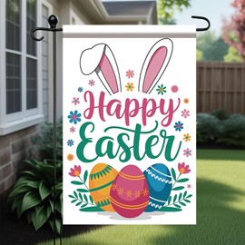 Starlit Patio Happy Easter Garden Flag 12x18 Inch Double Sided Bunny Ears Colorful Rabbit Easter Eggs Spring Flowers Holiday Anniversary Yard Outdoor Small Seasonal Decoration