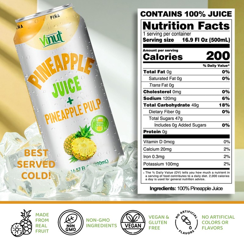 Vinut Natural Pineapple Juice Drink with Pulp, (16.57 fl oz,