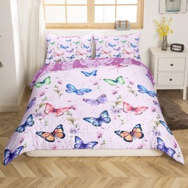 Loussiesd Butterfly Duvet Cover Set Double Girls Butterfly Bedding Set 200x200cm with 2 Pillowcase Purple Reversible Bright Floral Print Bedding Set for Kids Colorful Butterflies Bedding 3 Pcs