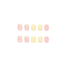 SINHOT Round Press on Nails Short - Gold Bling Glitter Fake Nails Glossy Glue on Nails Yellow Pink Swirl Acrylic Nail French Tip Oval Artificial Nails Stick on False Nails with Design DIY 24 pcs