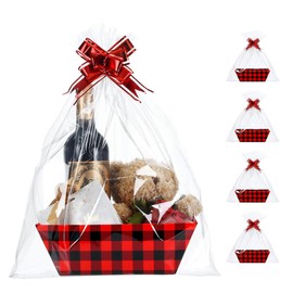 RoxNvm Hamper Baskets for Gifts Empty, 4 Gift Basket Hamper Kit with Cellophane Bags Pull Bows,Plaid Carton Gift Baskets Empty,Large Gift Box,Create Your Own Gift Hamper Basket for Christmas Wedding