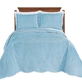 Collections Etc Luxe Textured Diamond Design Scalloped Edge Oversize Bedspread Blue Queen