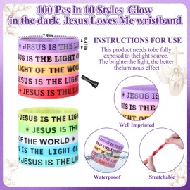 PullCrease 100 Pcs 2026 VBS Jesus Is The Light of The World Glow in The Dark Bracelets Bulk Christian Illumination Theme Decoration Religious Bible Verse Silicone Rubber Wristbands Gifts (Colorful)