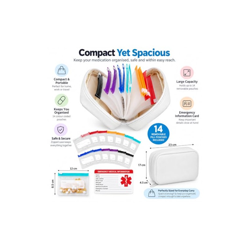 Waterproof Travel Pill Organizer,14 Pouches&Medical Information Card White