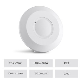 SEBSON® Motion Sensor Indoor Surface-Mounted - Set of 2 - HF Sensor LED Suitable for Ceiling Mounting Programmable Motion Sensor 2-16 m / 360° 3-Wire White