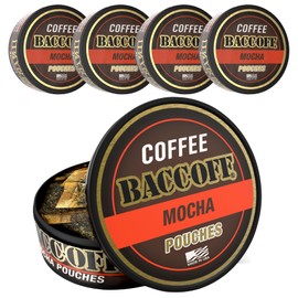5 Cans, BaccOff Mocha Coffee Pouches, 50 MG of Caffeine Per Serving, Creamy Chocolate and Smooth Coffee Flavors, 16 Pouches Per Can