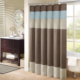 Madison Park Amherst Bathroom Shower Curtain Faux Silk Pieced Striped Modern Microfiber Bath Curtains, 72x72" Inches, Blue