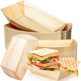 MotBach 50 Pack 3Lb Paper Food Boat Trays Disposable Paper Boats, Wood Grain Kraft Food Boats Paper Food Serving Tray Boat Plate for Snack Popcorn Dessert Sandwich Burger Hot Dog Taco Fries Nacho
