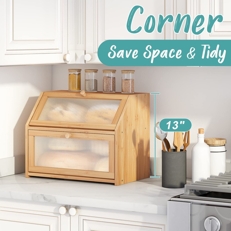 Vriccc Bread Box for Kitchen Counter, Large Bamboo Wood Double